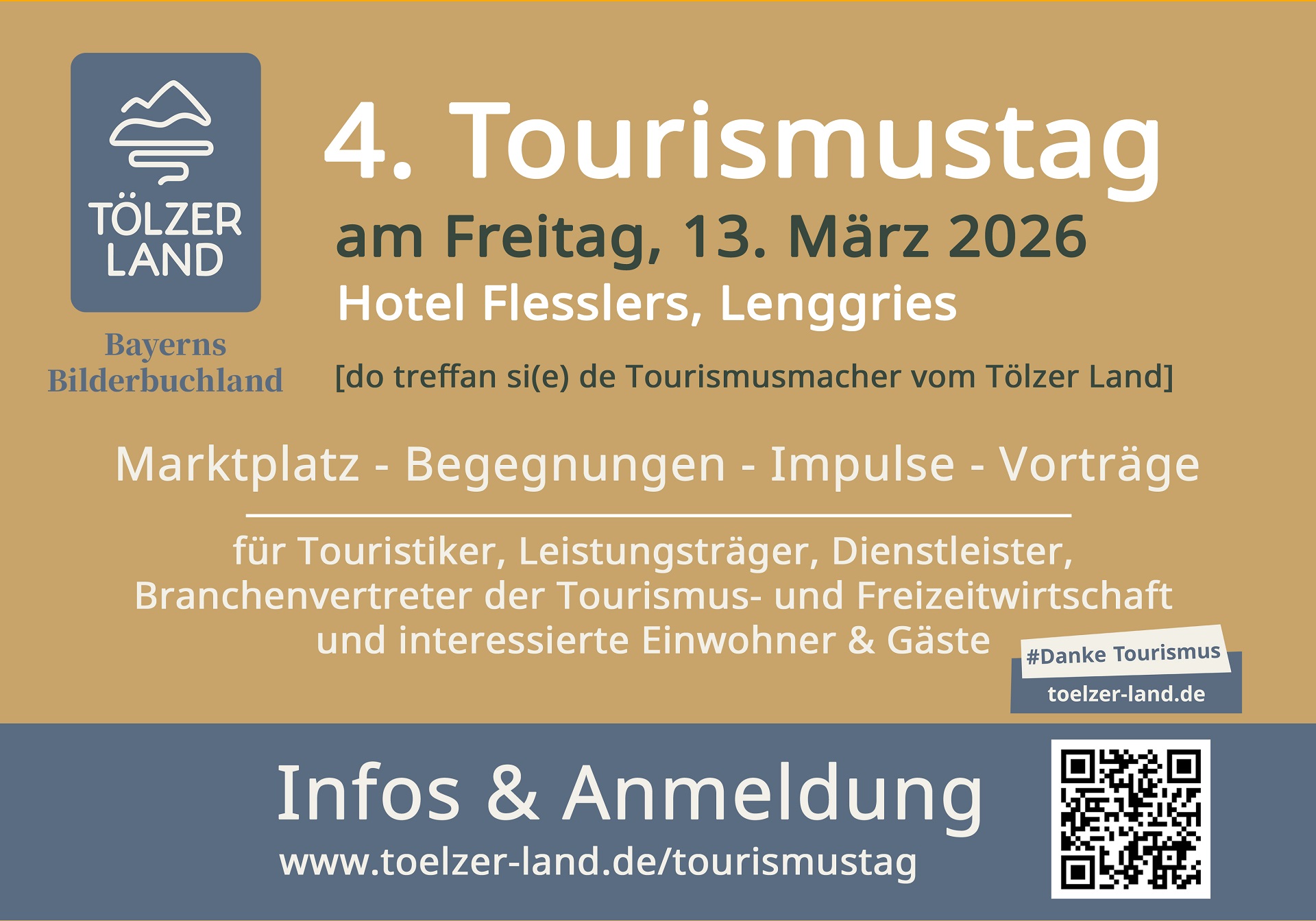 Postkarte zum 4. Tourismustag am 13. März 2026 im Hotel Flesslers, Lenggries. Veranstaltung für Touristiker und Interessierte mit Vorträgen, Begegnungen und Impulsen. Infos und Anmeldung unter toelzer-land.de.